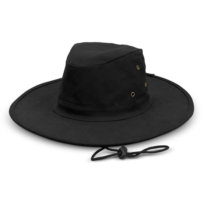 A black wide brim hat featuring ventilation holes and an adjustable chin strap.