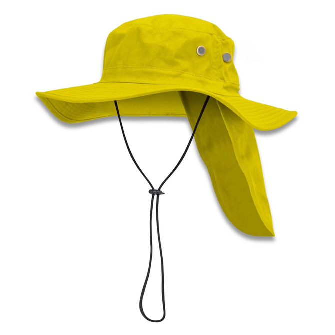 A bright yellow Legionnaire wide brim hat with a neck flap and adjustable chin strap. Includes a logo.