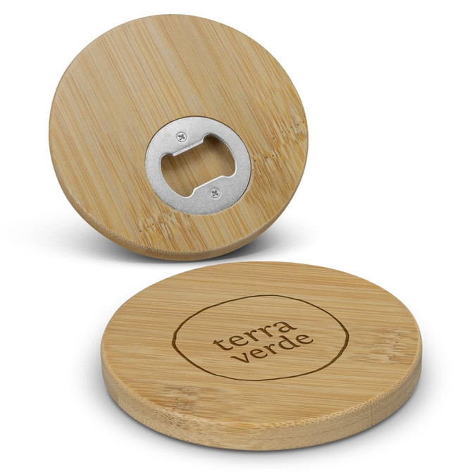 A round bamboo coaster featuring a bottle opener, with a natural wood finish and a logo engraved on the surface.
