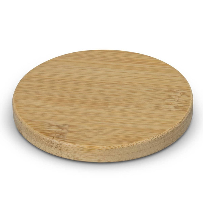 A round bamboo coaster with a smooth, natural finish, featuring a subtle logo on the surface.