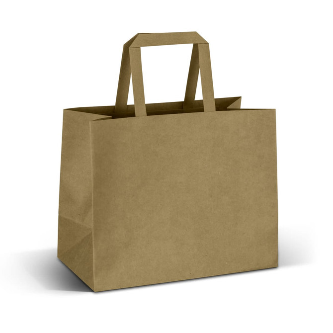 A medium flat handle paper bag in a natural brown colour with two sturdy handles. It features a logo but no text.