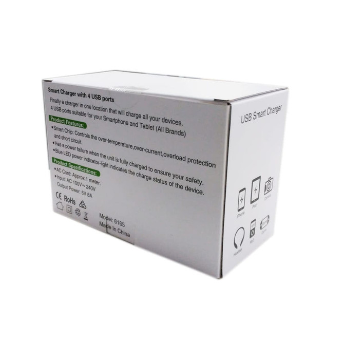 A white box containing a USB Smart Charger with four USB ports, featuring a logo and various product details on the side.