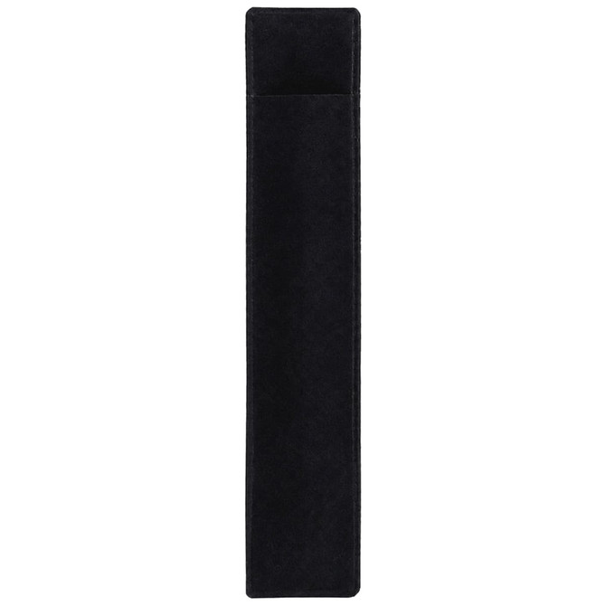 A black, slim pen case with a pocket for holding writing instruments. It features a simple and sleek design.