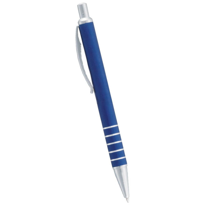A blue metal ballpoint pen with silver accents and a clip, featuring horizontal stripes on the barrel.