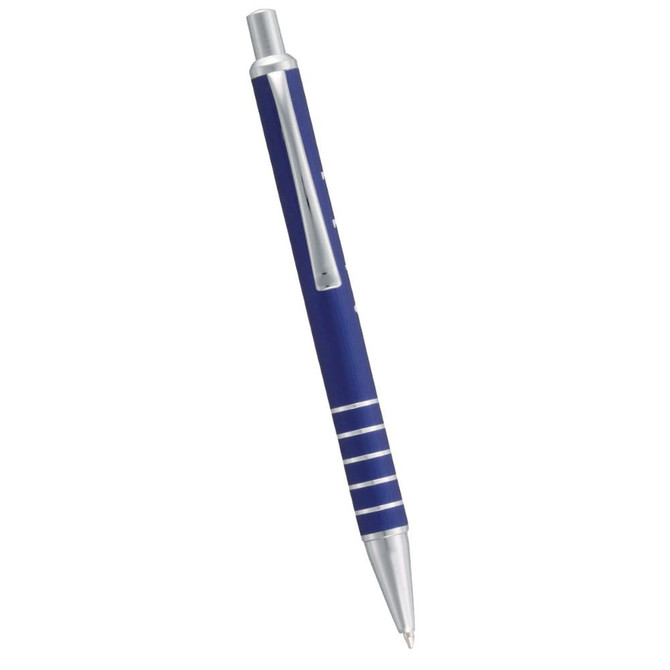 A blue metal ballpoint pen with silver accents and a pocket clip, featuring a logo on the barrel.