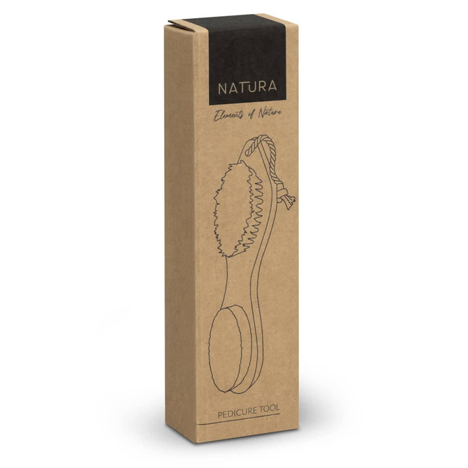 A pedicure tool in a cardboard box featuring natural tones, with a logo and an illustration of the product.