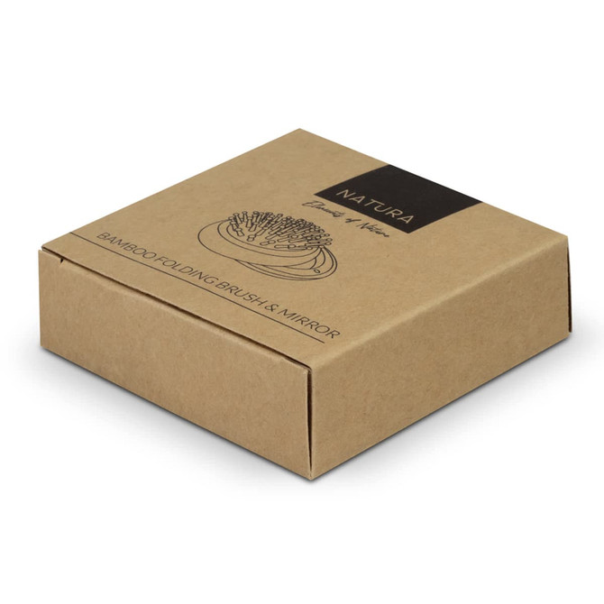 A brown cardboard box containing a bamboo brush and mirror, featuring a simplistic design and logo.