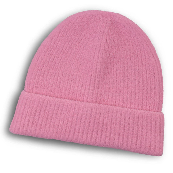 A pink brushed kids beanie with a folded cuff and a textured finish, featuring a logo.