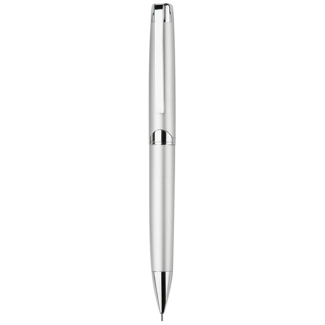 A silver mechanical pencil with a polished chrome accent and a twist action mechanism. It features a logo on the body.