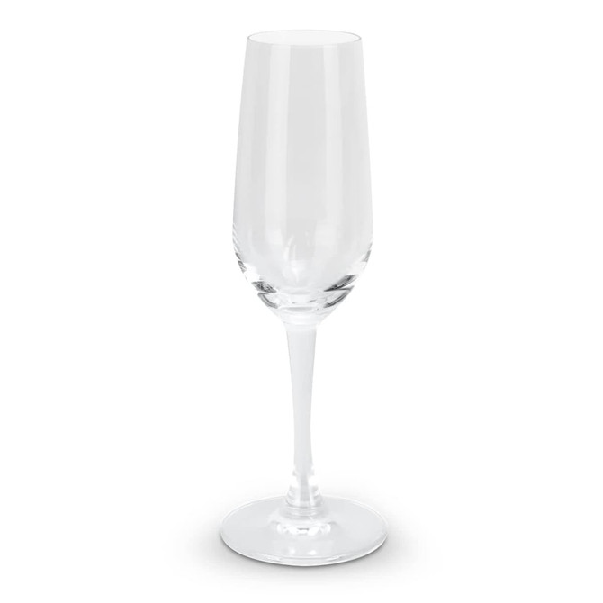 A clear glass champagne flute with a slender stem and wide base. It features a logo on the glass.