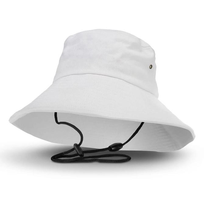 A white bucket hat with a wide brim and an adjustable chin strap, featuring a logo.