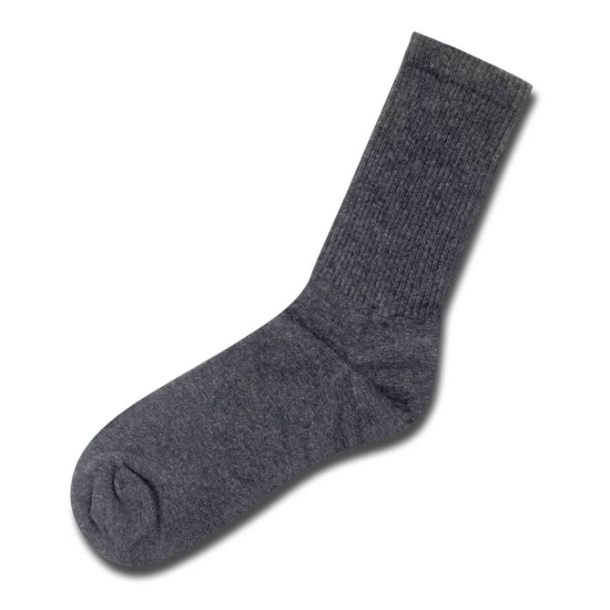 Grey crew sock with a ribbed design, featuring a rounded toe and a smooth finish. Includes a logo.
