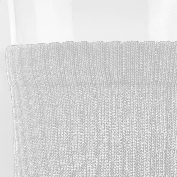 A pair of light grey crew socks with a ribbed texture, featuring a simple design.