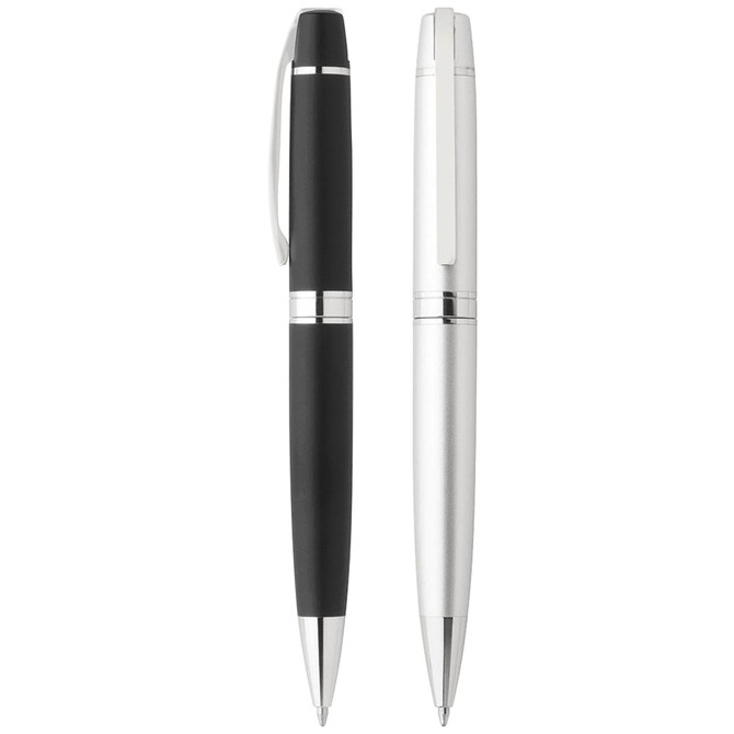 A silver and a black Casarotto ballpoint pen side by side, featuring a sleek metal design and clips.