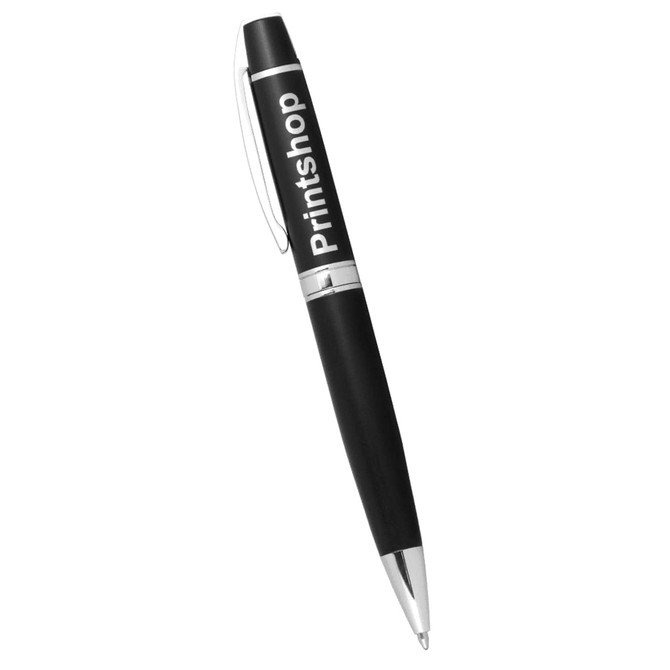 A silver and black ballpoint pen with a branding logo. It features a sleek design and metal detailing.