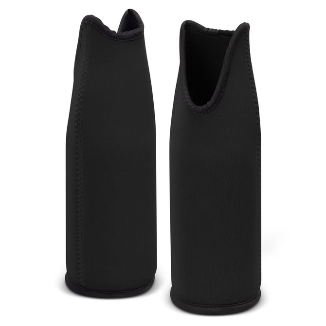 A drink bottle cooler in black, made from a sleek material with a streamlined design. Features a branding logo.