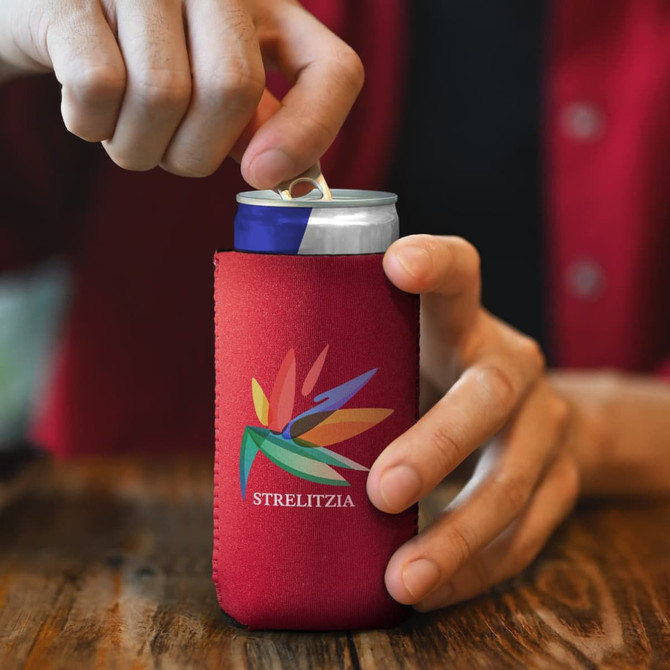 A drink bottle cooler in red with a logo, featuring a hand opening a can inside.