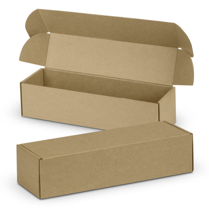A brown die cut box with a locking lid, dimensions 295x76x76mm, displayed in an open position.