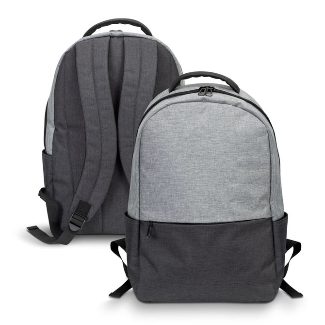 A grey and black backpack featuring a zippered closure and adjustable straps, with a logo on one side.