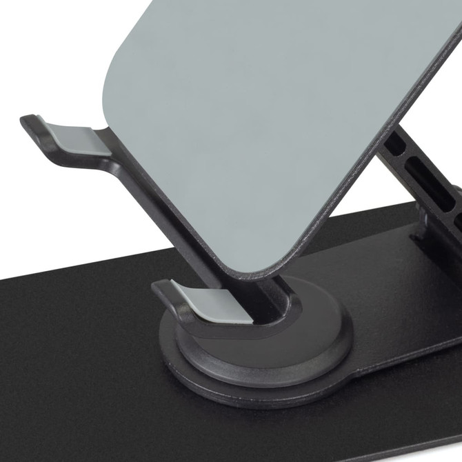 A black metal phone and tablet stand with adjustable angles and a sturdy base. The surface is smooth and reflective.