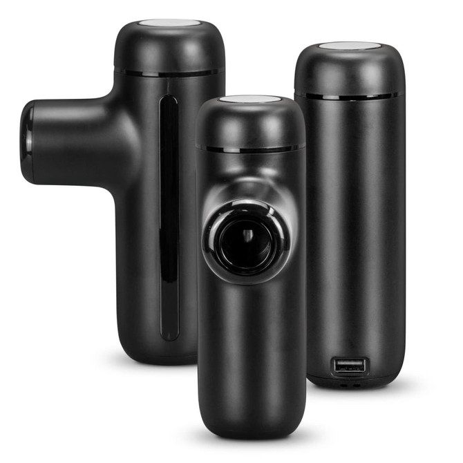 A Luxe Handheld Massager in black with various angles displayed. Features a sleek design and a USB port.