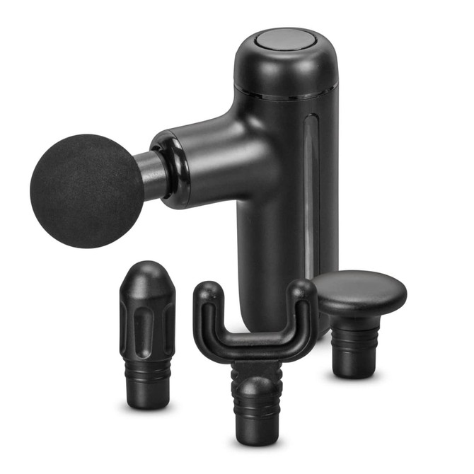 A black handheld massager with interchangeable attachments, including a round, pointed, and flat one. It features a button on top.