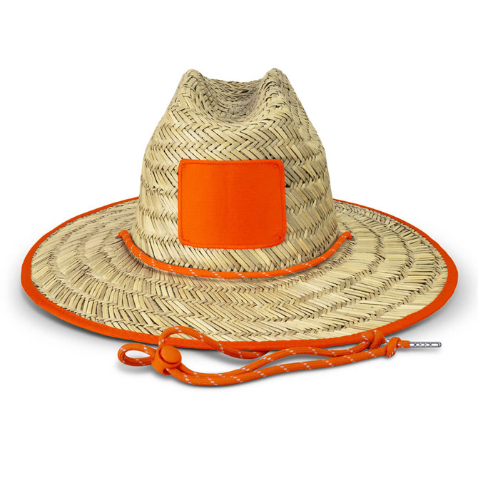 A straw hat with a wide brim, featuring orange trimming and a matching drawstring. It has a square area for branding.