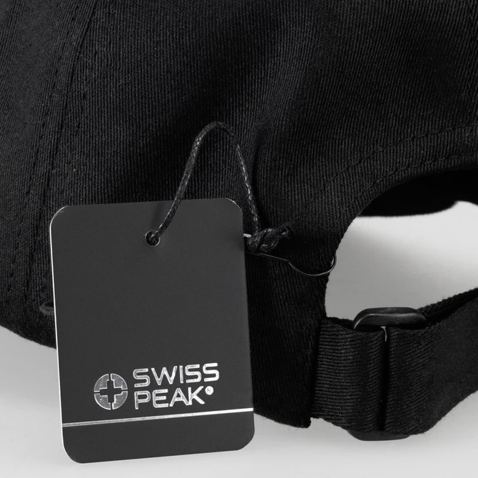 A black Swiss Peak 5 panel cap with an attached tag, featuring a logo on the front.