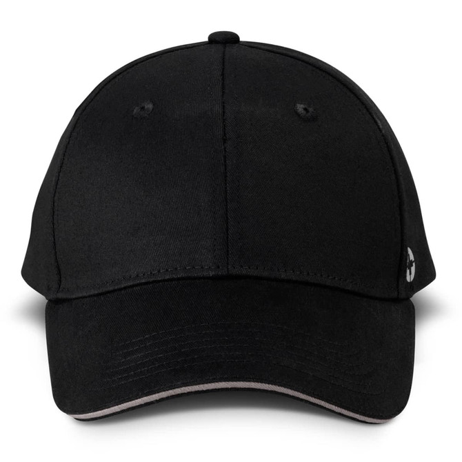 A black six-panel cap featuring a logo on the side. The cap has a curved brim and a classic design.