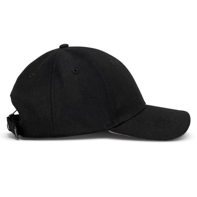 A black six-panel cap featuring a curved brim and an adjustable strap at the back. It has a simple logo.