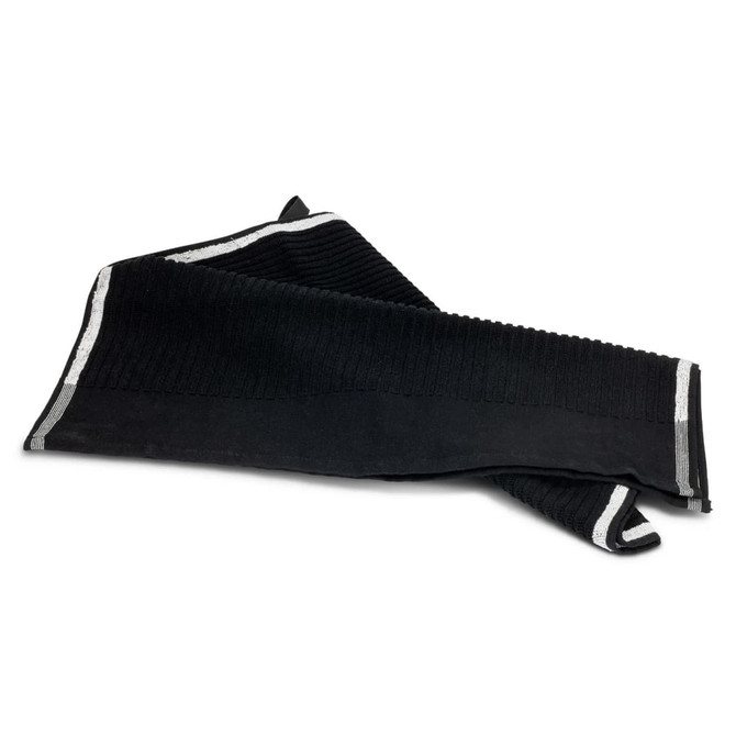 A black terry golf towel with a textured surface and contrasting stripes, featuring a logo.