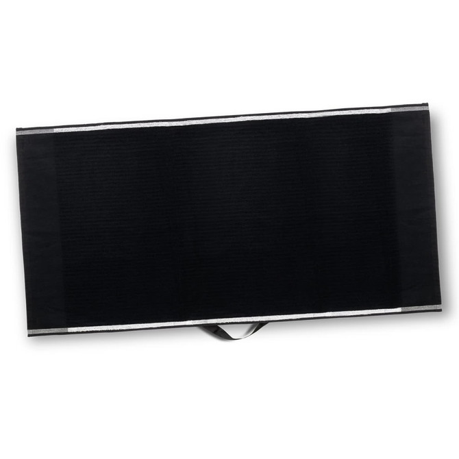 A black golf towel with a hanging loop, featuring a textured surface and a subtle logo.