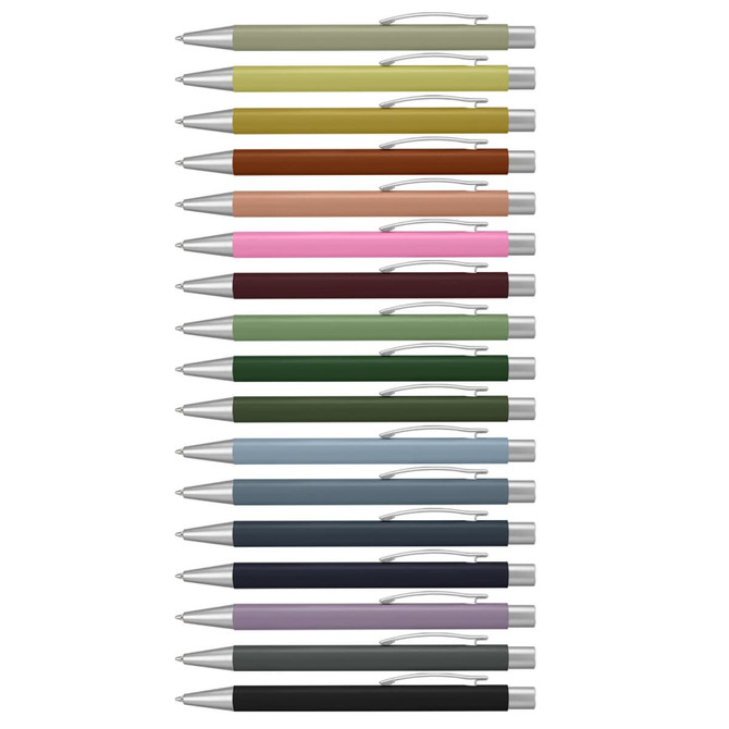 A collection of metal pens in various colours, each featuring a silver clip and detailing.