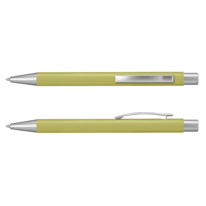 A metal pen in a vibrant green colour with silver accents and a clip. It features a sleek design.