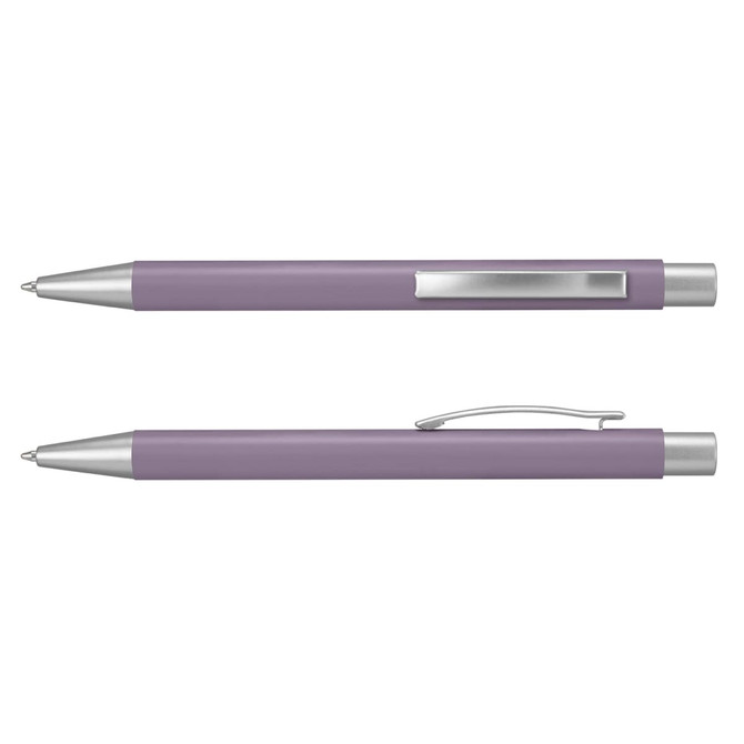 A purple metal pen with a silver clip and tip, featuring a sleek design and minimalist aesthetic.