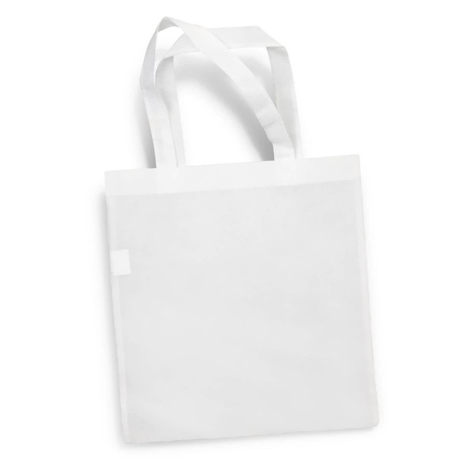 A white tote bag with two handles and a simple design. It features a branding logo.