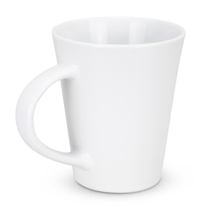 A white coffee mug with a curved handle and a smooth surface; it features a logo.