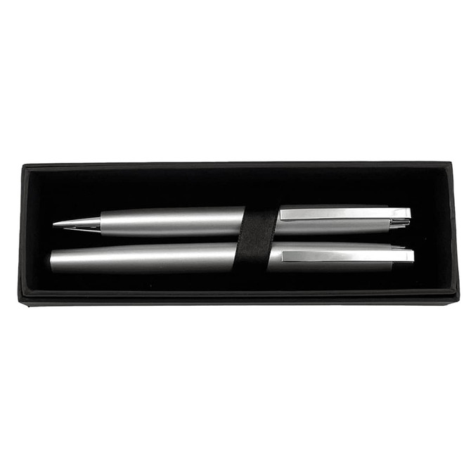A black cardboard box containing two silver pens secured with a black holder.