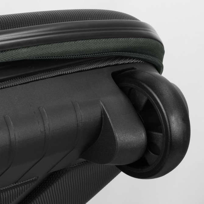 A black wheeled suitcase with a green zipper and a visible wheel assembly. The texture is detailed and sleek.