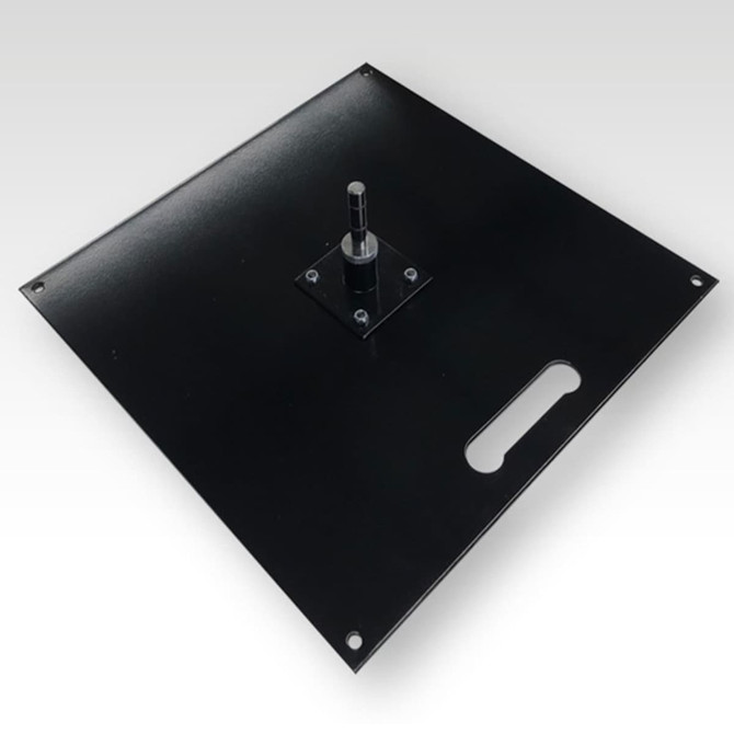 A black metal base for a feather flag kit, featuring a central pole socket and a handle for easy transport.