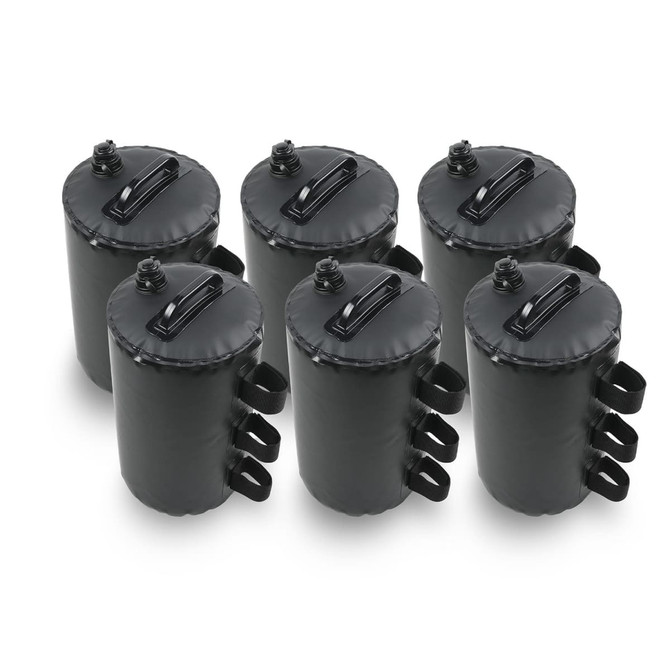 A set of six black weighted bags with screw-top caps and multiple handles for easy handling.