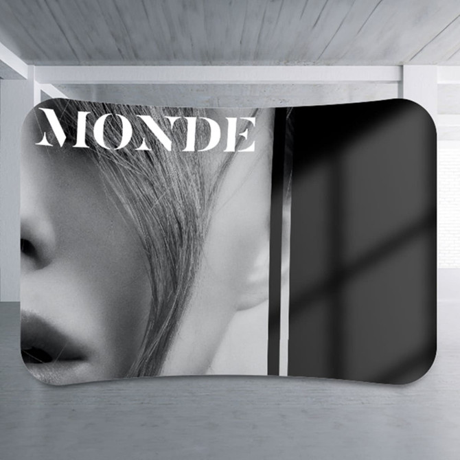 A curved stretch media wall featuring a black and white design with a close-up image and a logo.