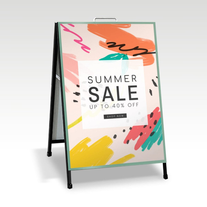 A double-sided metal A-frame sign featuring colourful abstract patterns and a branding logo.