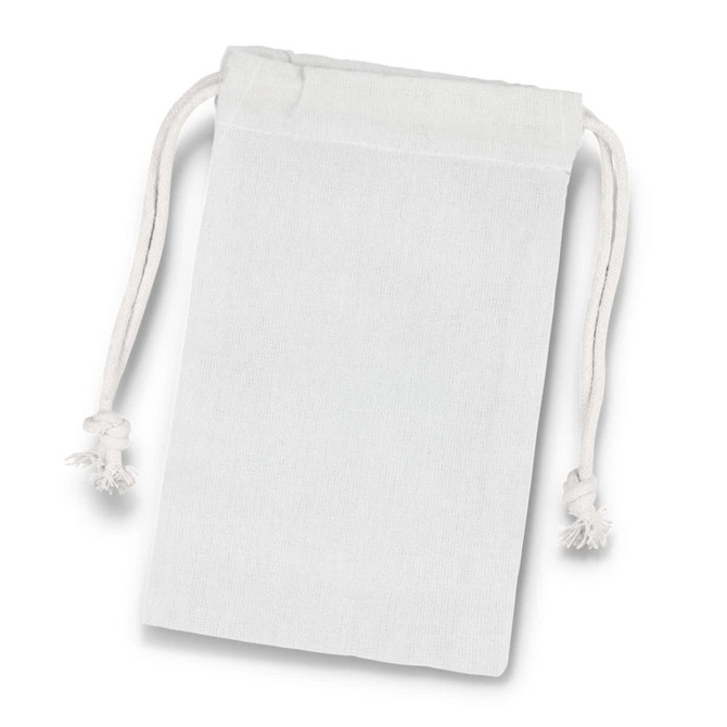 A small white cotton gift bag with drawstring closure and tassels. It features a simple design and is unbranded.