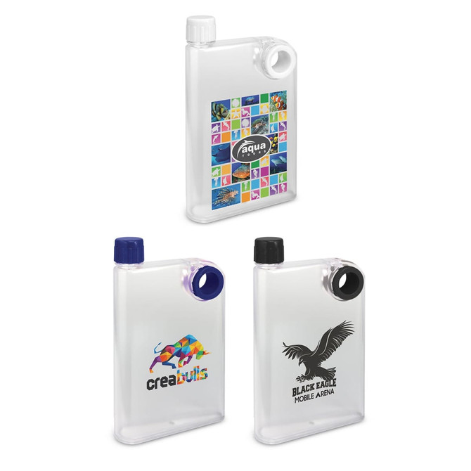 A drink bottle featuring a frosted finish, with multiple designs and coloured caps in blue and black. It has a logo.