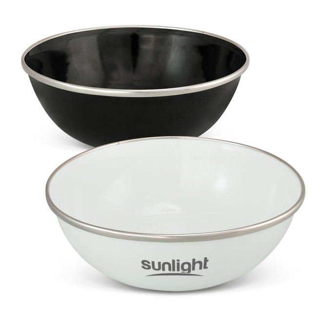 A black enamel bowl and a white enamel bowl with silver rims, featuring a logo on the white bowl.