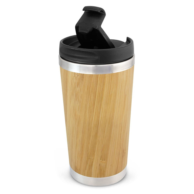 A bamboo double wall cup with a stainless steel base and a black lid. Features a sleek, natural bamboo design.