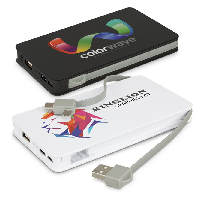 A black and a white power bank with USB ports and integrated charging cables, featuring various logos.