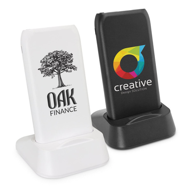 A wireless charging station in white and black, featuring logos on both sides, designed for phones and technology.