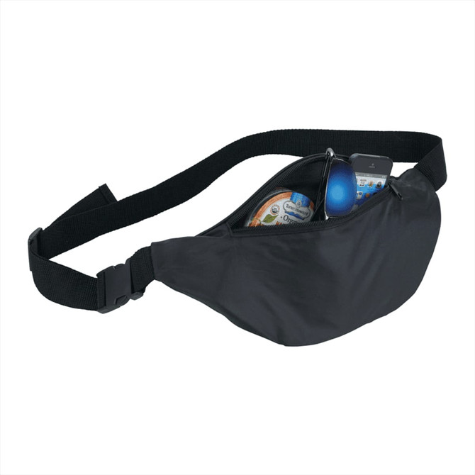 A black bum bag with a zippered pocket containing sunglasses and a mobile phone, featuring an adjustable strap.